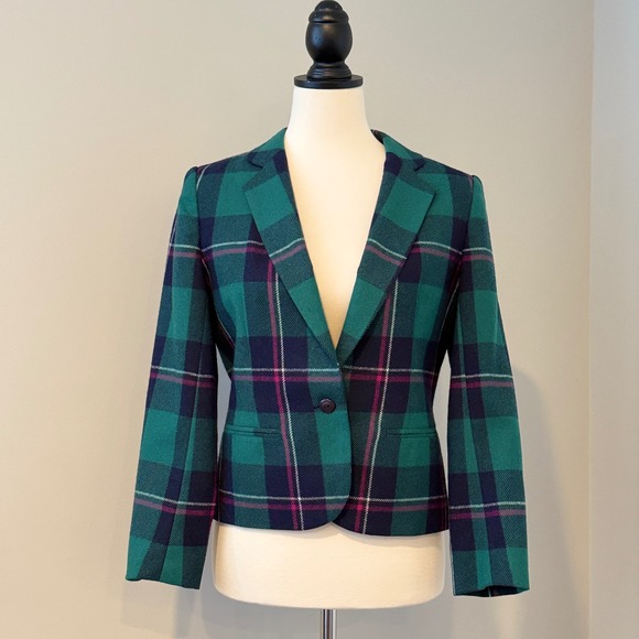 Vintage Jackets & Blazers - Vintage 80s Plaid Wool Blend Blazer – Teal Green Navy Pink – Petite Size 10